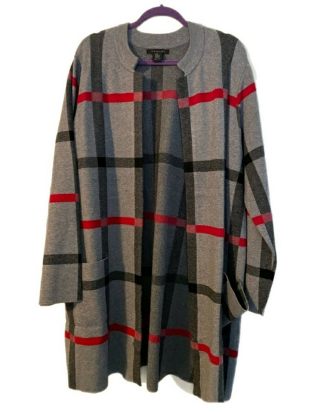 Tahari Woman Gray Plaid Open Cardigan with Red Accents, 3X